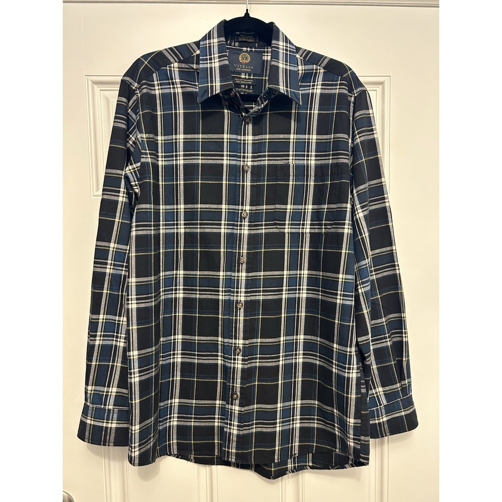 Viyella London Mens Plaid Button Shirt Mens Large Wool Blend Canada Navy EUC